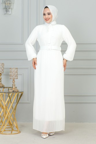 GLN - Flarlı Piliseli Şifon Elbise-3171 Beyaz