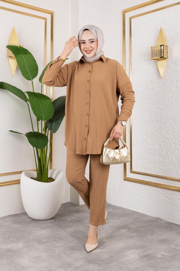 Önden Düğmeli İkili Takım-5027 Latte